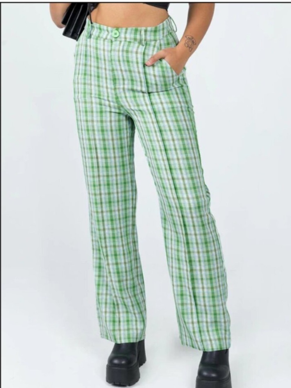 Princess Polly Green Plaid High-Waist Pants